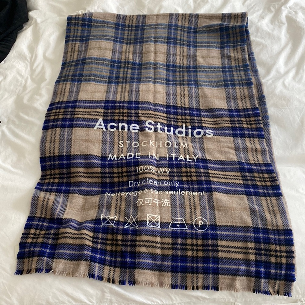 Acne Studios plaid 100% wool scarf. Blue and beige.